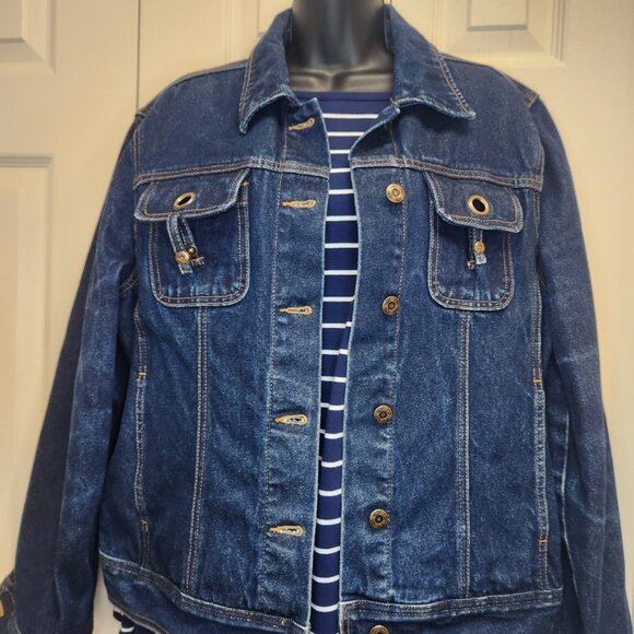 [L] Cleo Cotton Denim Jacket with 4 Pockets Women's Size Large Button Front - Picture 2 of 14